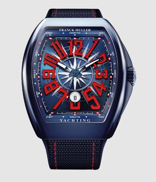 Best FRANCK MULLER Vanguard Yachting Ceramic V 45 SC DT YACHT CR BL (BL) Blue Dial red numbers Replica Watch